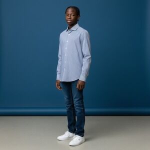 BEAMS Japan Slim Fit Stripe Dress Shirt Blue White Mens Size XS